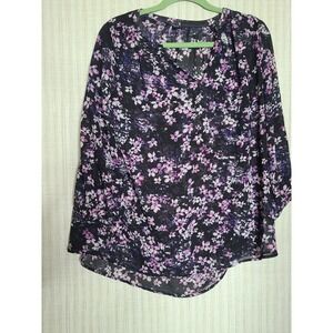 Simply Vera Vera Wang Womens Black Floral Print Long Sleeve V Neck Blouse Top L